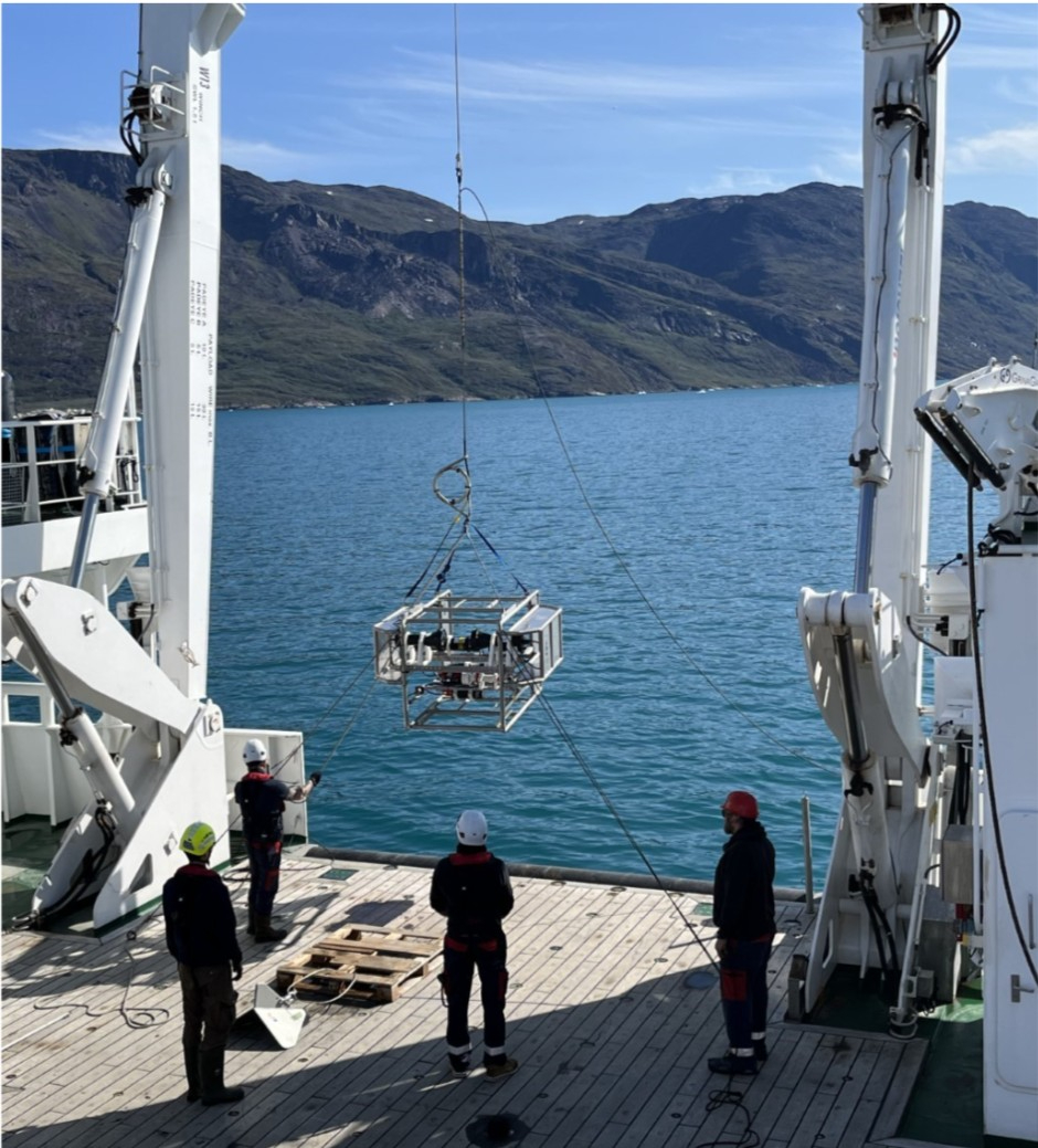 Our towed frame holding the zooplankton imaging systems being deployed from R/V Belgica in southern Greenland.