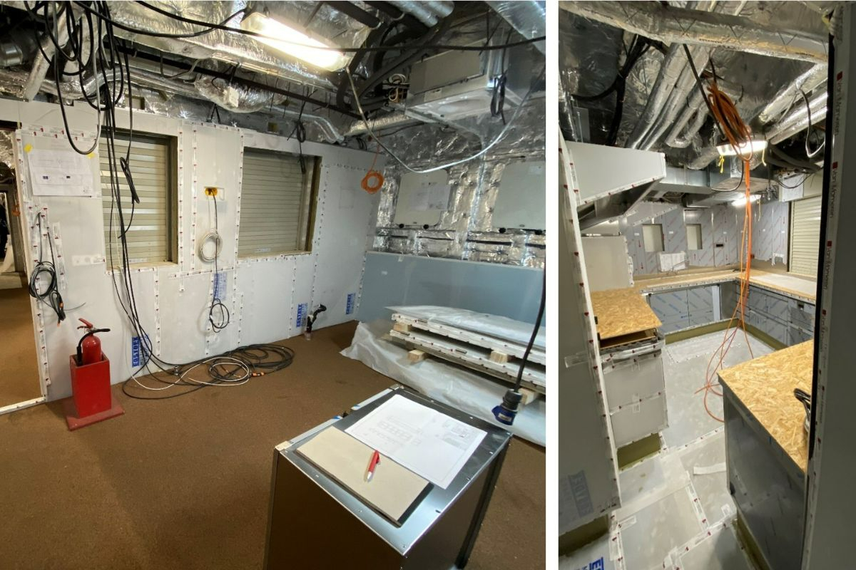 Left: The messroom with the open overhead and bulkheads. The pass-through hatches from the galley to the messroom are also visible in the bulkhead. Right:   View of the galley from the passageway, showing the installed appliances.  