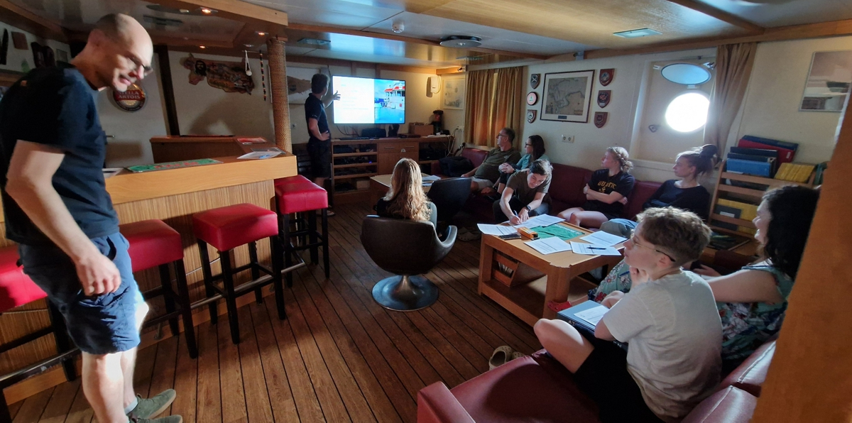 Second officer Ravi gives a presentation about safety on board RV Pelagia