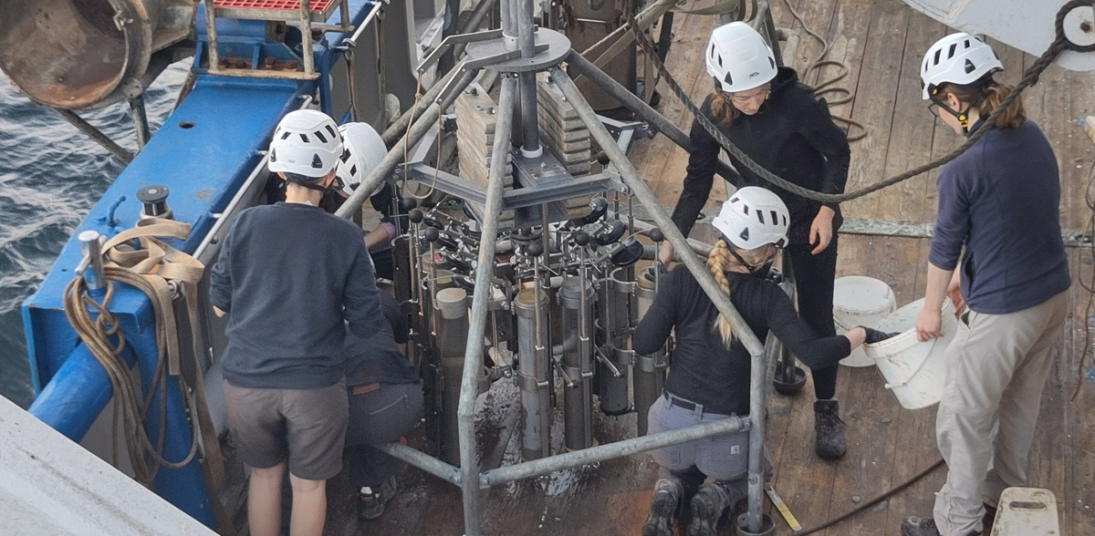 The multicorer on deck of RV Pelagia; 12 tubes with ~40cm of sediments each: a good catch!