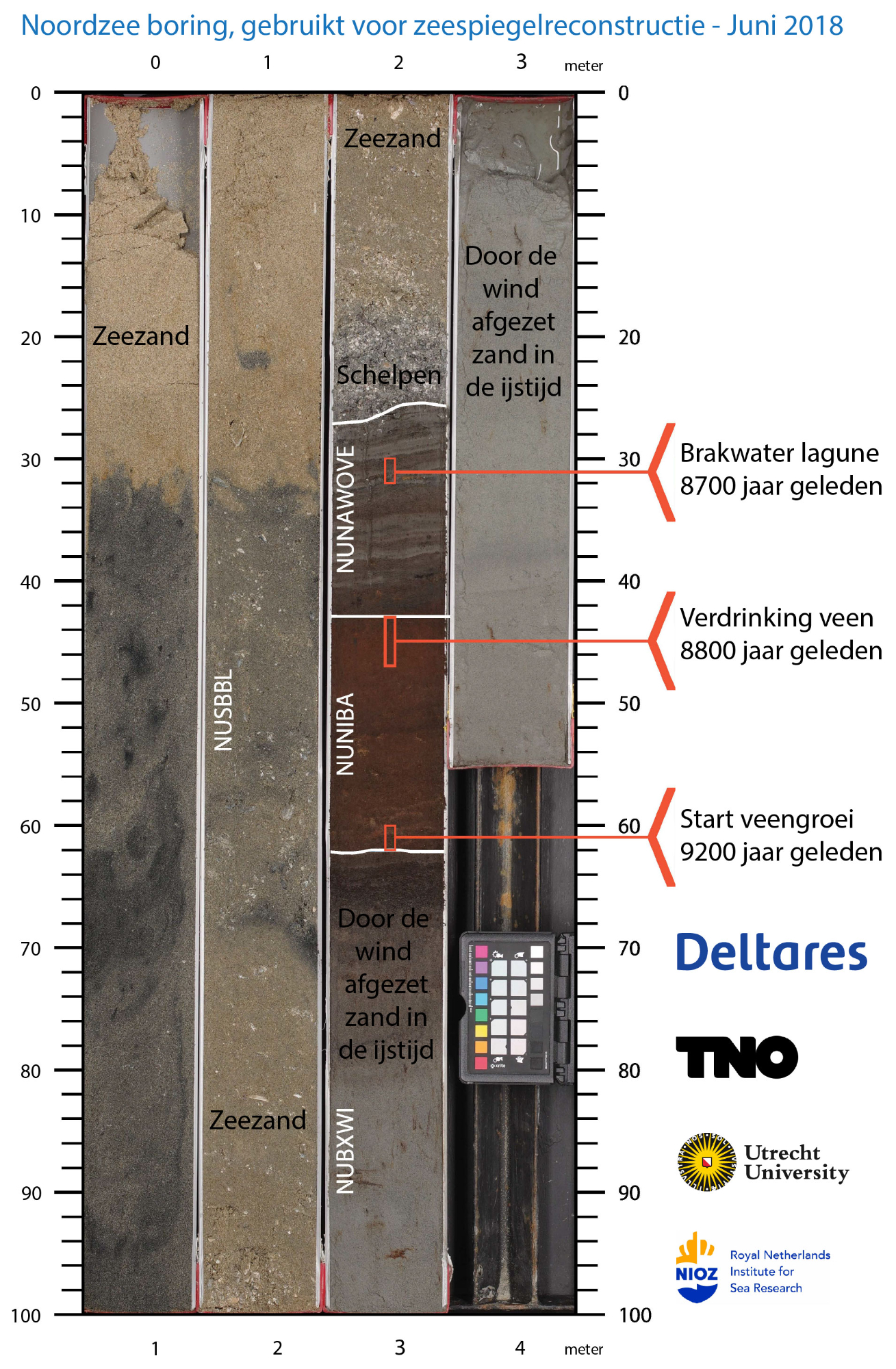 Boring uit de Noordzee. In het midden is goed te zien hoe een bruine veenlaag bedekt is door een grijze klei, hét moment (8700 jaar geleden) dat dit stukje Noordzee onder water kwam te staan.