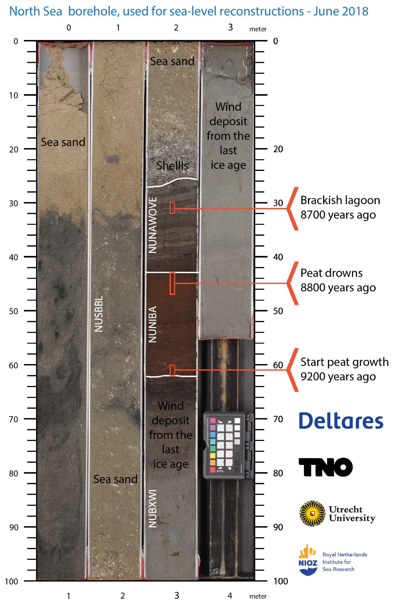 Drilling from the North Sea. In the center you can clearly see how a layer of brown peat is covered by a layer of gray clay, the moment (8700 years ago) that this part of the North Sea was flooded.