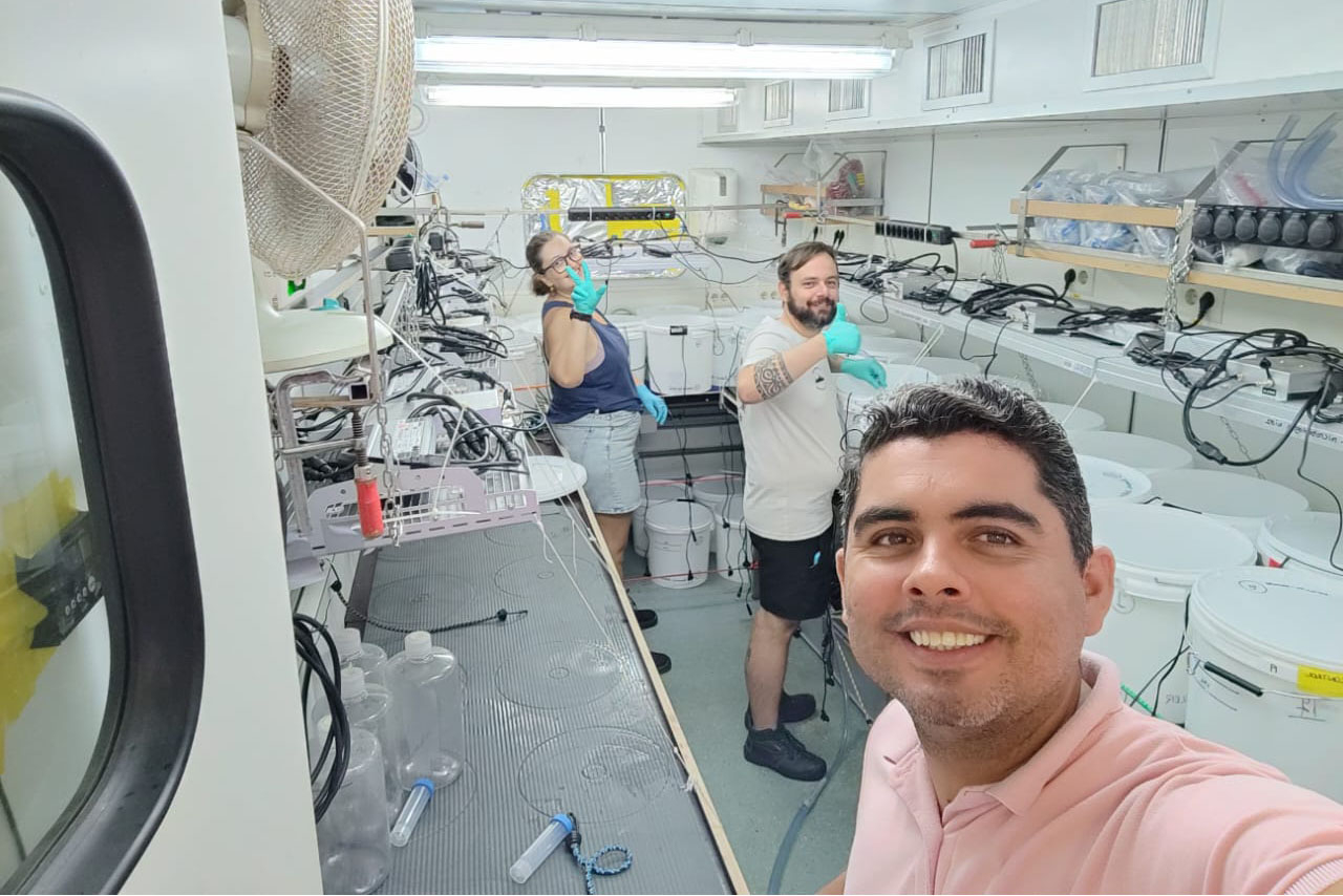 Working as a team to set up the Sargassum experimental system. From front to back: Edén Magaña (UNAM), Fabio Nauer (NIOZ), and Juliane Bernardi Vasconcelos (UFRA).
