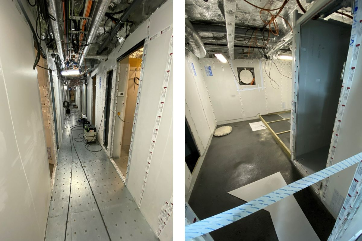 Left: The gangway, with cabins to port and starboard. Right: The central heads are equipped with heated decks.  