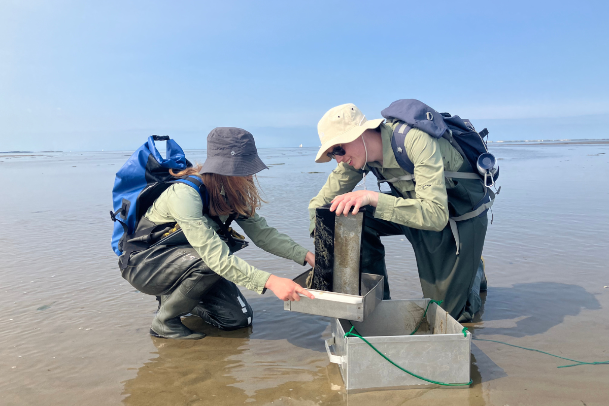 Farah and Timo transfer their sample into the sieve. Photo: Nienke Zwaferink