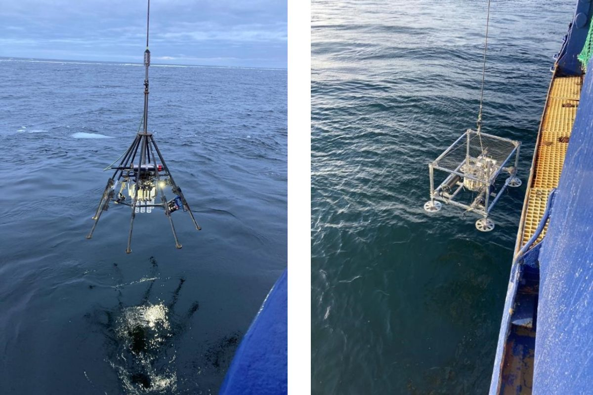 Left: Multi corer in action. Right: Deployment of the benthic lander – Photos by Wytze Lenstra