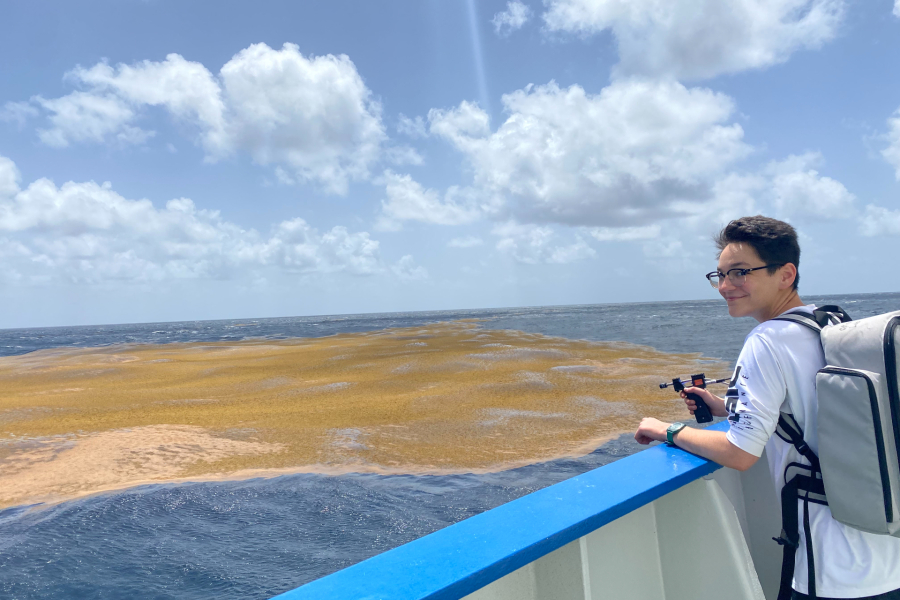 Scientist Sully Sullivan gearing up to measure the color of Sargassum (photo credit: Darshika Manral).